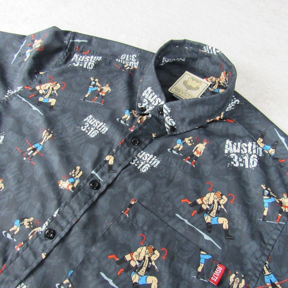 RSVLTS Button Down Shirt Mens Medium Grey Excellent WWE Stone Cold Austin 3:16